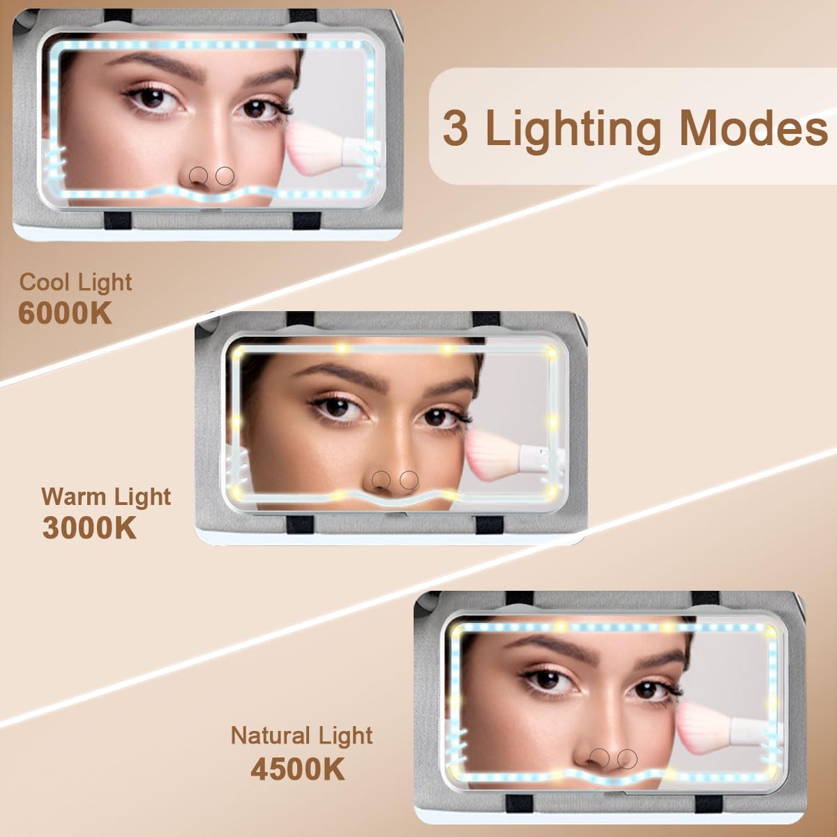 Car Visor Vanity Mirror LED Makeup Mirror 3 Light Modes 62 LED Lights, Dimmable Clip-on Touch Control Mirror Rechargeable Universal Rear View Sun-Shading Travel Cosmetic Mirror for Auto Car Truck SUV