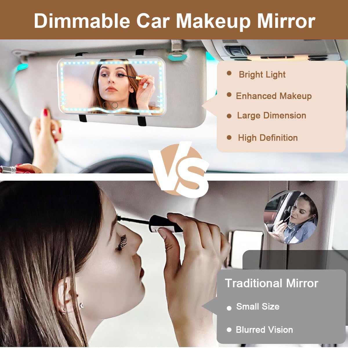 Car Visor Vanity Mirror LED Makeup Mirror 3 Light Modes 62 LED Lights, Dimmable Clip-on Touch Control Mirror Rechargeable Universal Rear View Sun-Shading Travel Cosmetic Mirror for Auto Car Truck SUV