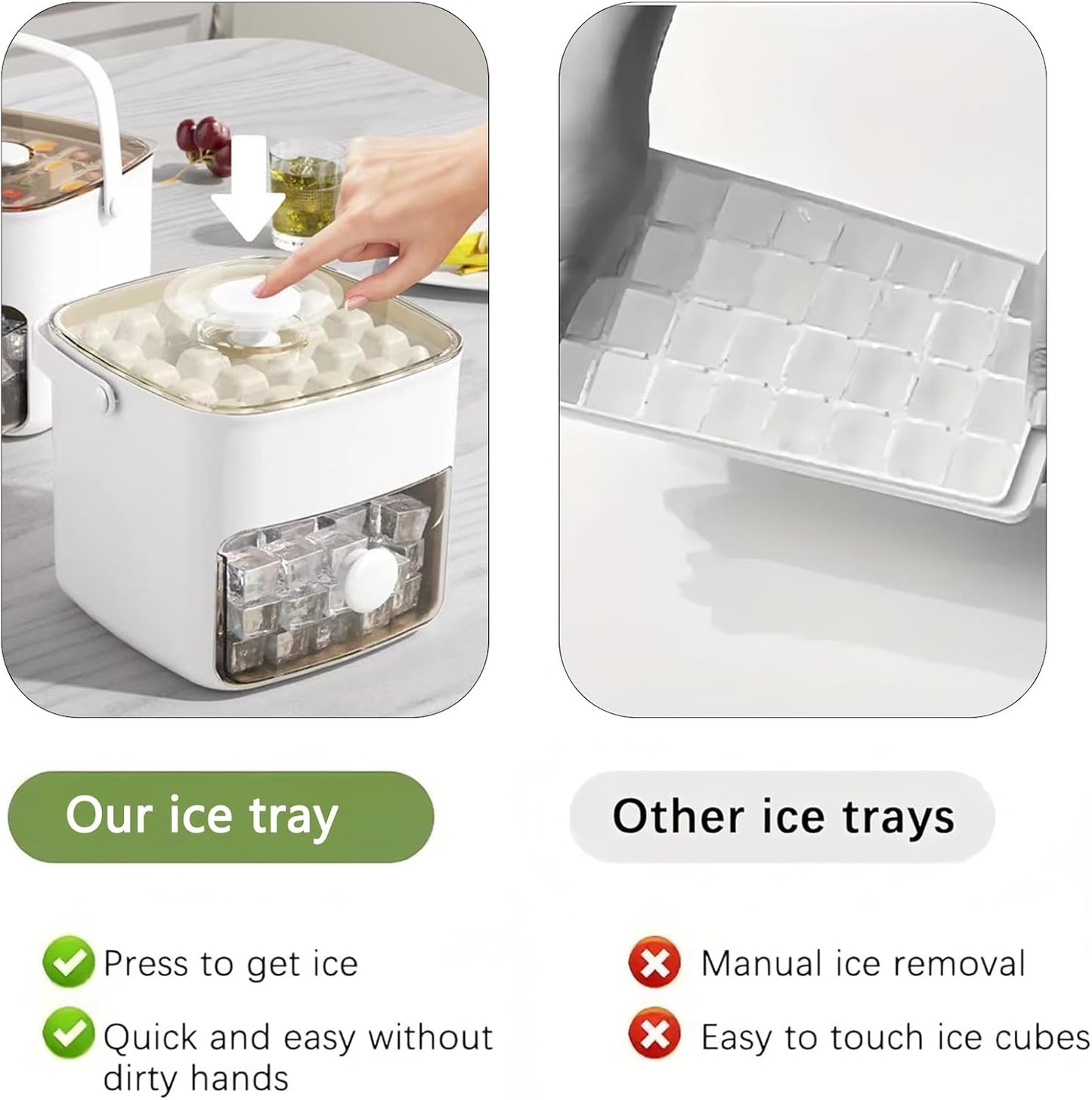 Ice Cube Tray Mold with Lid and Bin, Ice Cubes Maker with 2 Trays & Ice Clamp & Ice Storage Bin,