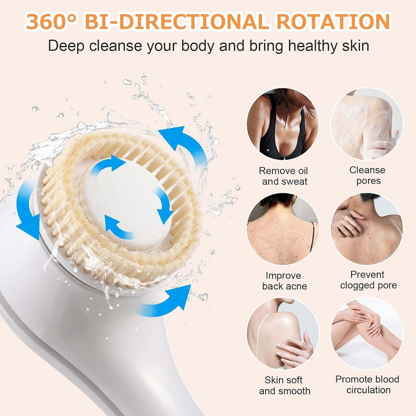 Azonee Electric Body Brush, Rechargeable Electric Body Scrubber, Waterproof Exfoliating Bath Brush Long Handle for Shower