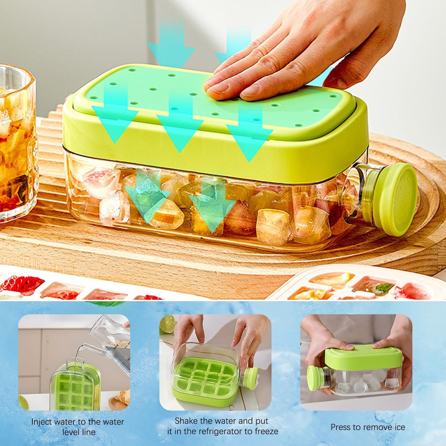 Ice Cube Bottle,2 In 1 Zero Touch Press Ice Cube