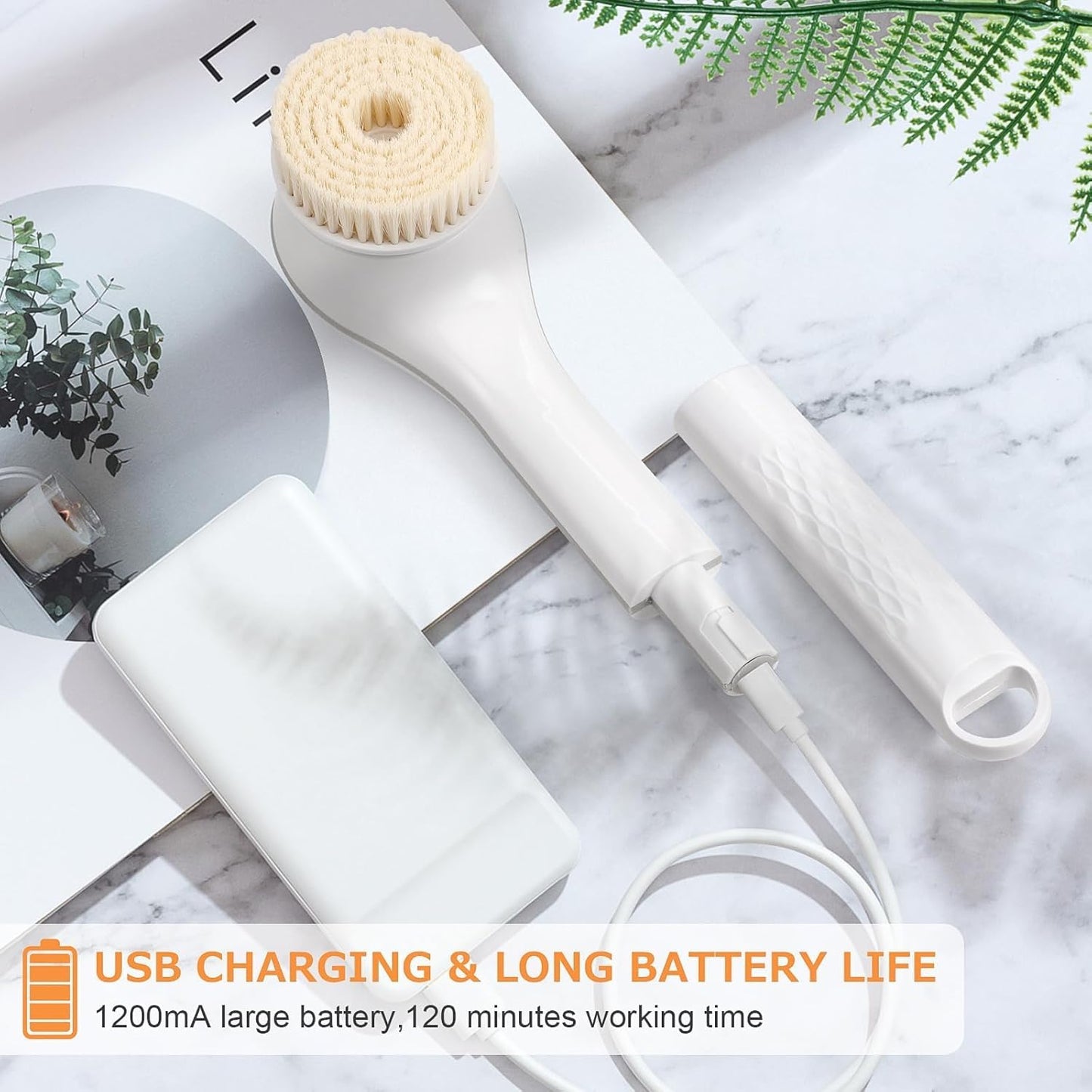 Azonee Electric Body Brush, Rechargeable Electric Body Scrubber, Waterproof Exfoliating Bath Brush Long Handle for Shower