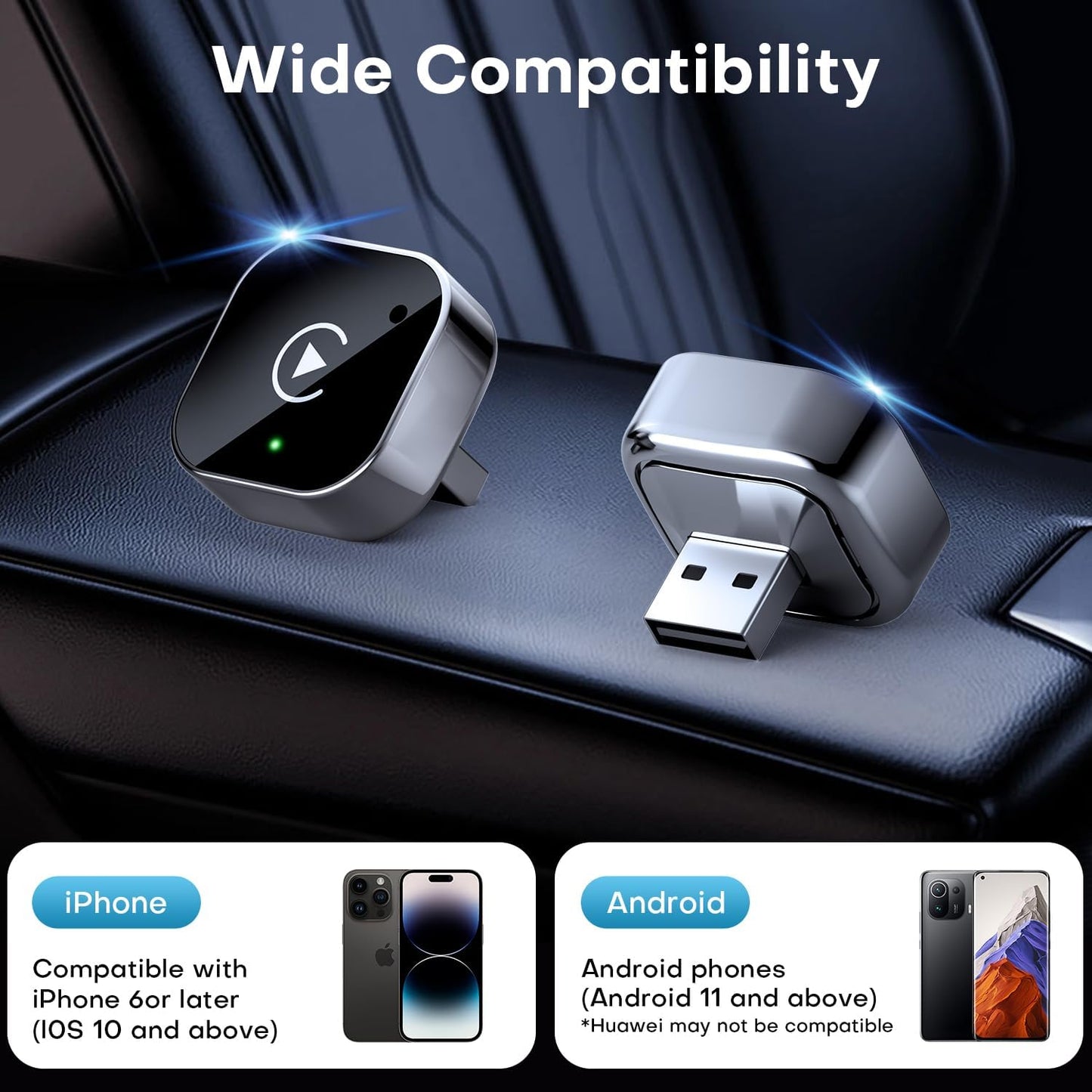2-in-1 Wireless CarPlay & Android Auto Adapter, Plug & Play CarPlay Dongle Converts Wired to Wireless, F