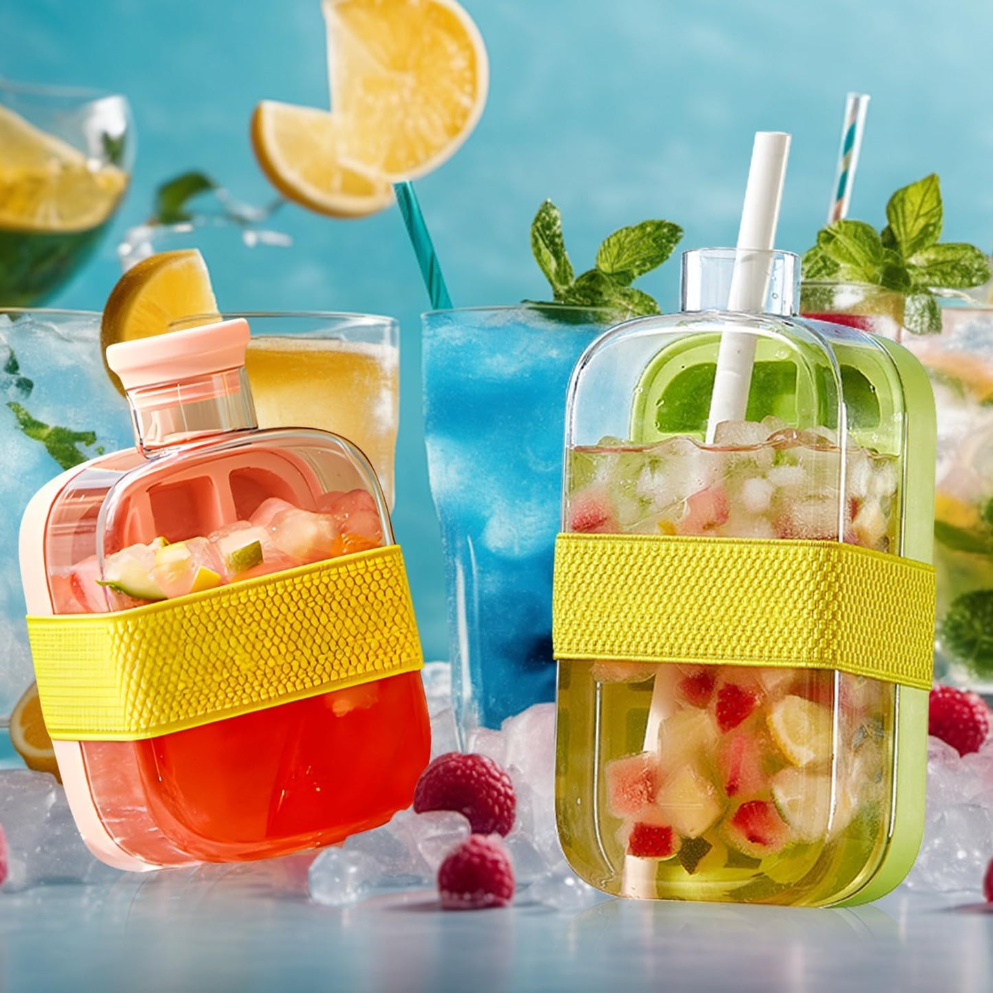 Ice Cube Bottle,2 In 1 Zero Touch Press Ice Cube