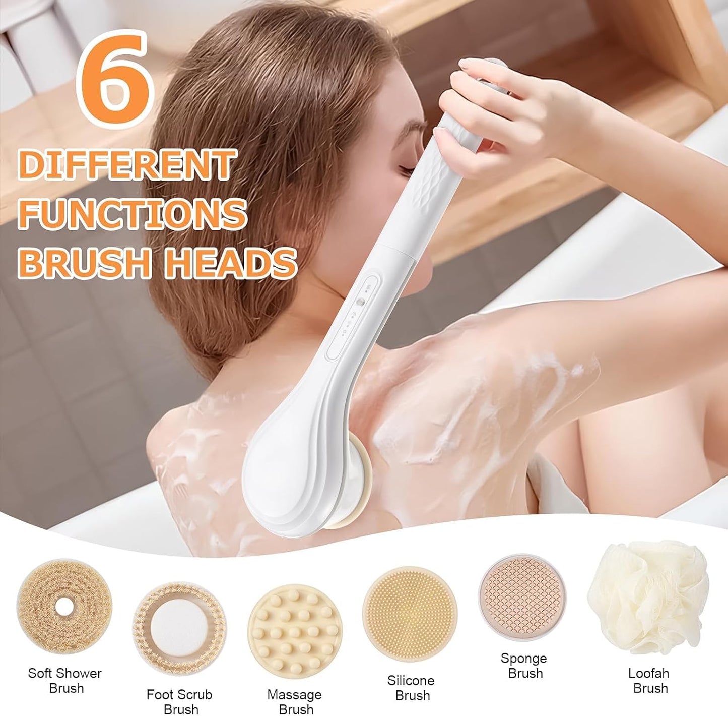 Azonee Electric Body Brush, Rechargeable Electric Body Scrubber, Waterproof Exfoliating Bath Brush Long Handle for Shower