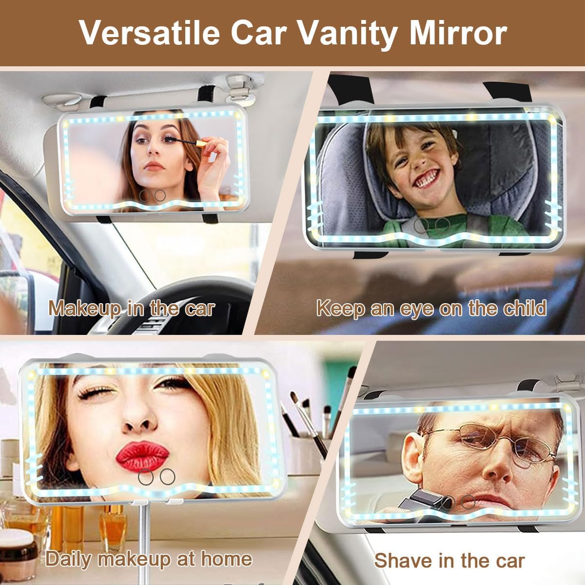 Car Visor Vanity Mirror LED Makeup Mirror 3 Light Modes 62 LED Lights, Dimmable Clip-on Touch Control Mirror Rechargeable Universal Rear View Sun-Shading Travel Cosmetic Mirror for Auto Car Truck SUV