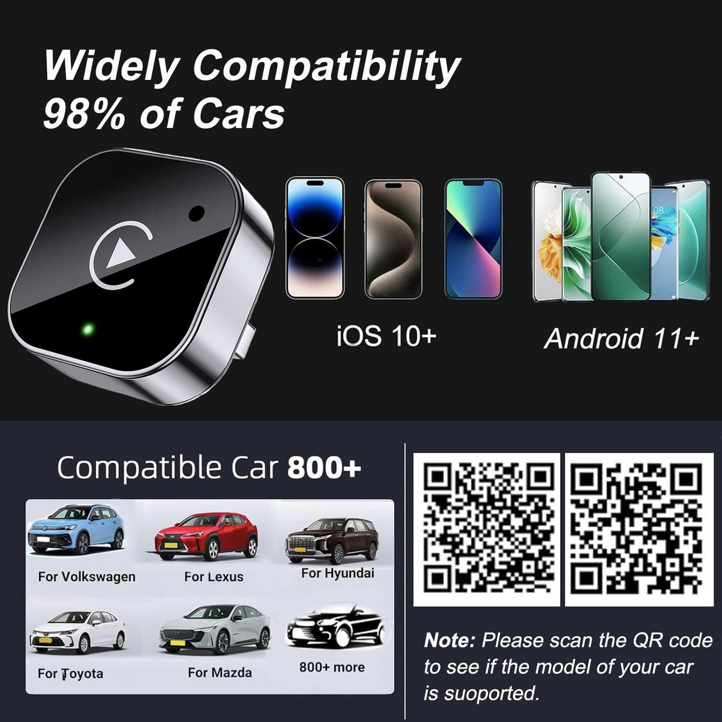 2-in-1 Wireless CarPlay & Android Auto Adapter, Plug & Play CarPlay Dongle Converts Wired to Wireless, F