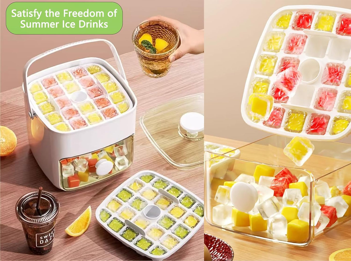 Ice Cube Tray Mold with Lid and Bin, Ice Cubes Maker with 2 Trays & Ice Clamp & Ice Storage Bin,