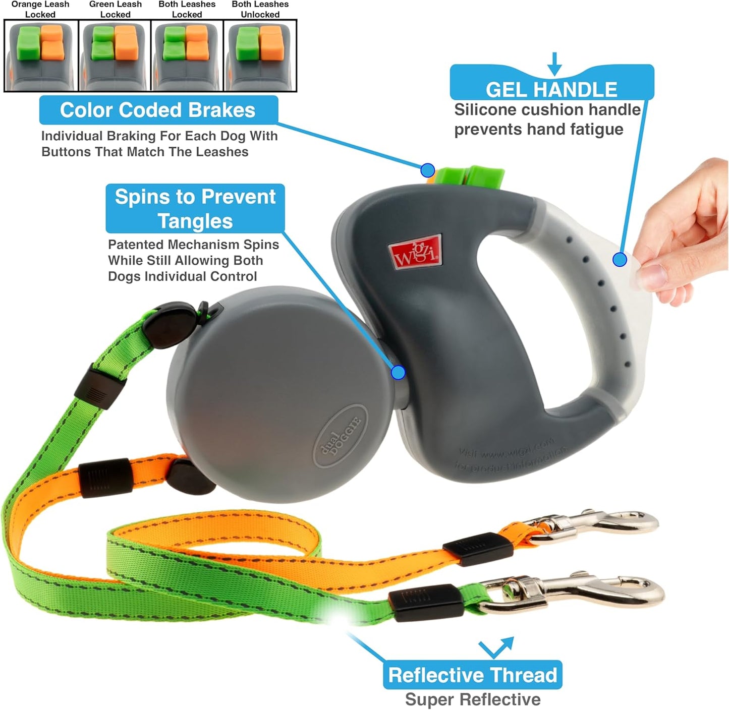 WIGZI - 2025 Enhanced Edition - Dual (2) Dog Retractable Leash, Auto-Untangles, Supports Up To 50lb Dogs, 10ft Distance Each Dog, Color-Coded Control, Reflective Leads, Waterproof, Gray Color