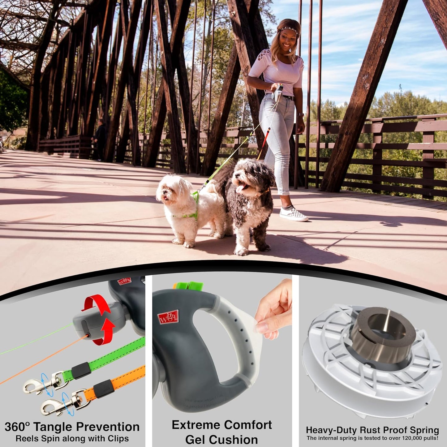 WIGZI - 2025 Enhanced Edition - Dual (2) Dog Retractable Leash, Auto-Untangles, Supports Up To 50lb Dogs, 10ft Distance Each Dog, Color-Coded Control, Reflective Leads, Waterproof, Gray Color