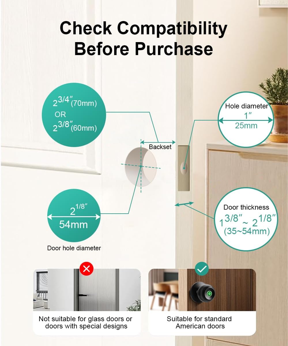 Fingerprint Door Lock, Smart Fingerprint Door Knob with Lock, Biometric Door knob with App Control & Key, Keyless Thumbprint Entry Door Lock for Bedroom, Front Door, Home, Apartment Office and Garages