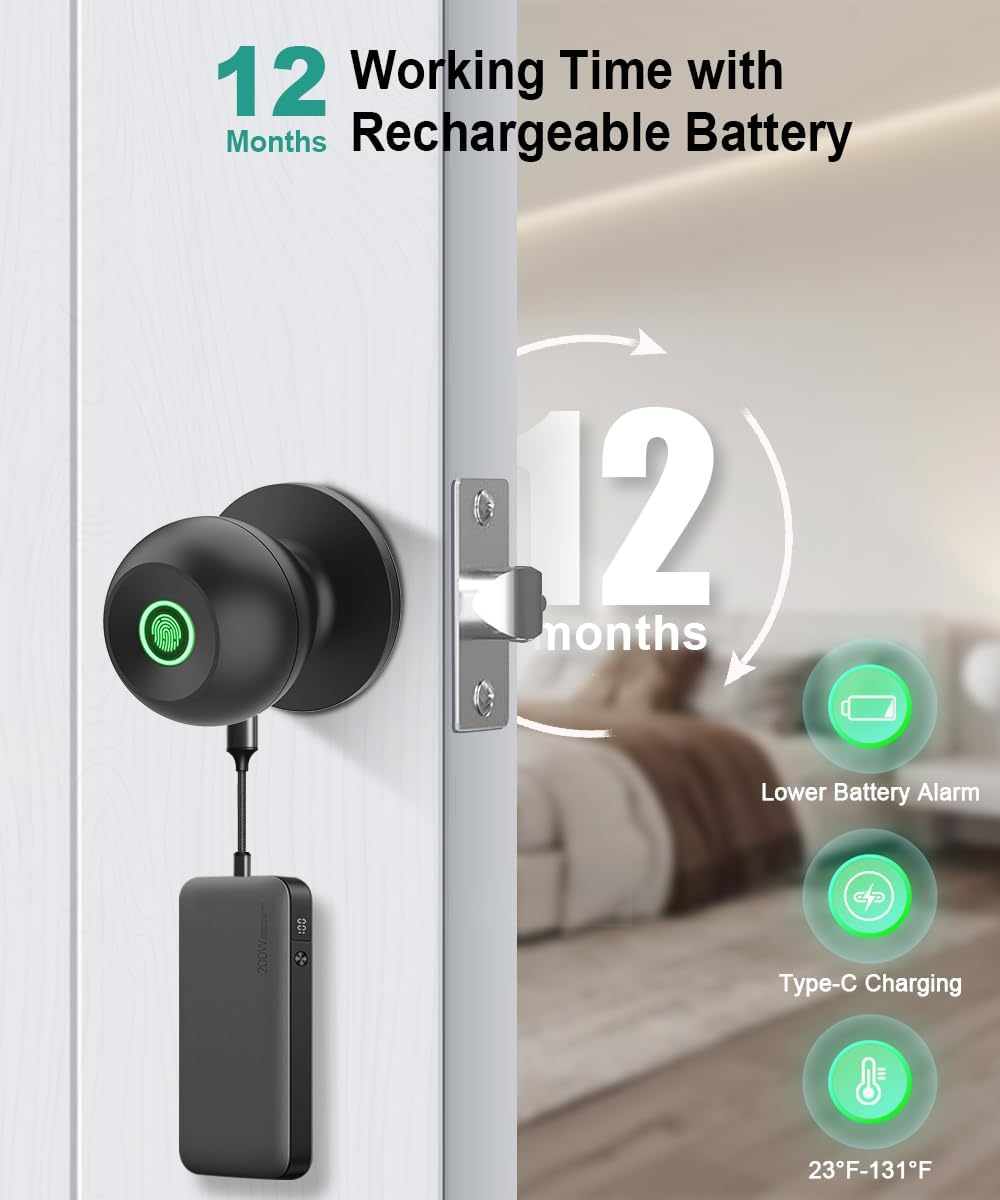 Fingerprint Door Lock, Smart Fingerprint Door Knob with Lock, Biometric Door knob with App Control & Key, Keyless Thumbprint Entry Door Lock for Bedroom, Front Door, Home, Apartment Office and Garages